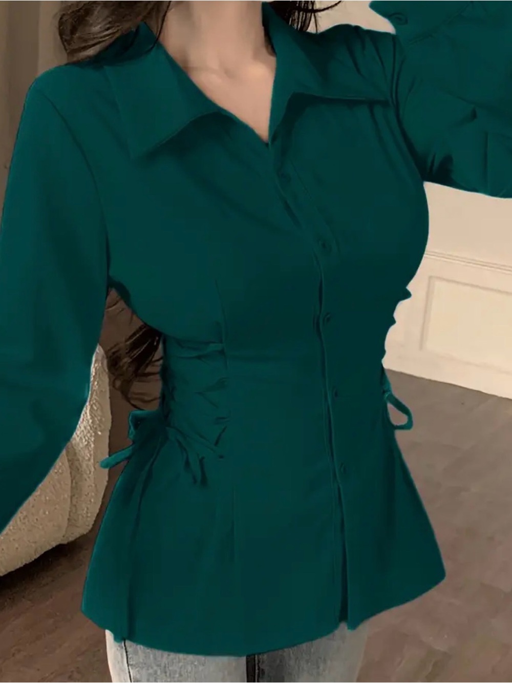 Women’s Teal Button-Front Collared Blouse